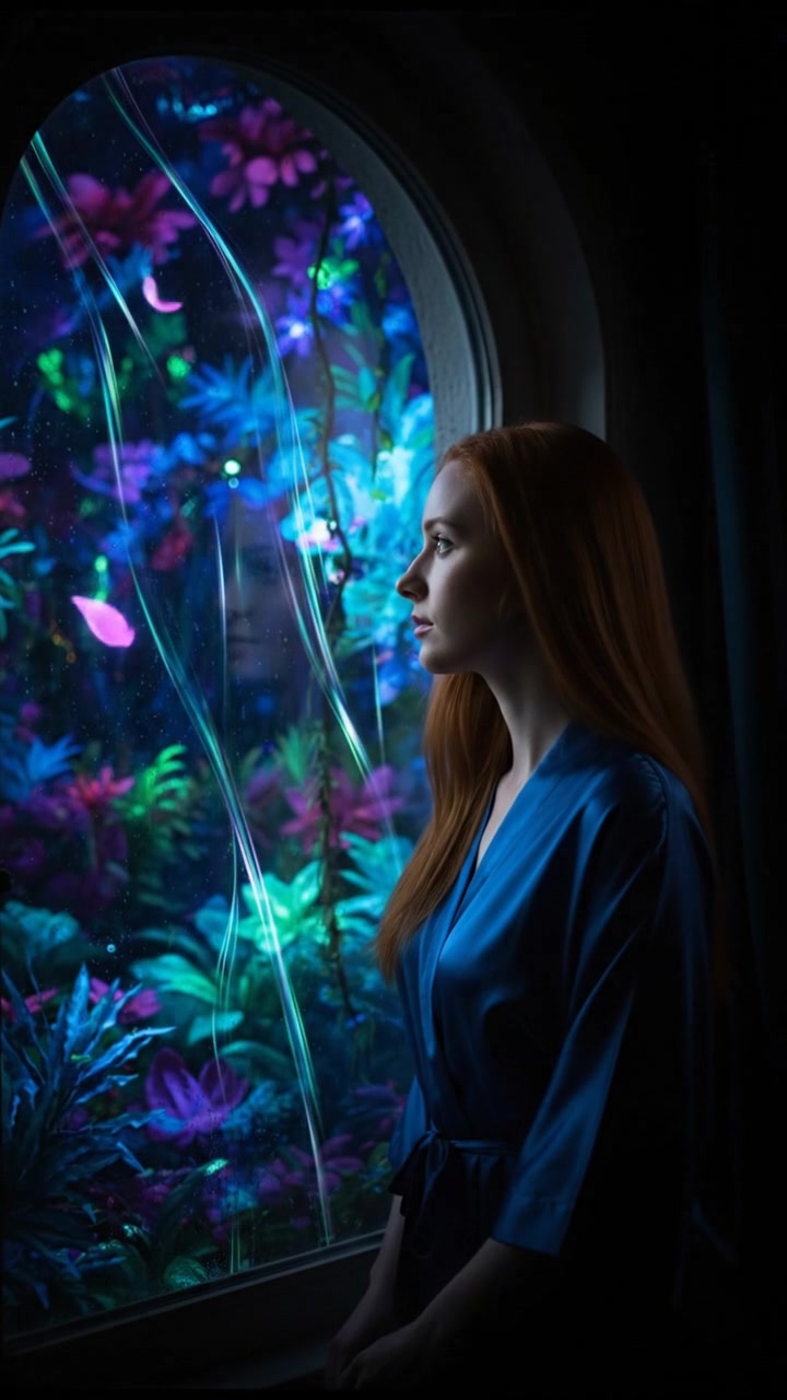 The Emma looks out of a window at a serene garden, deep in thought.