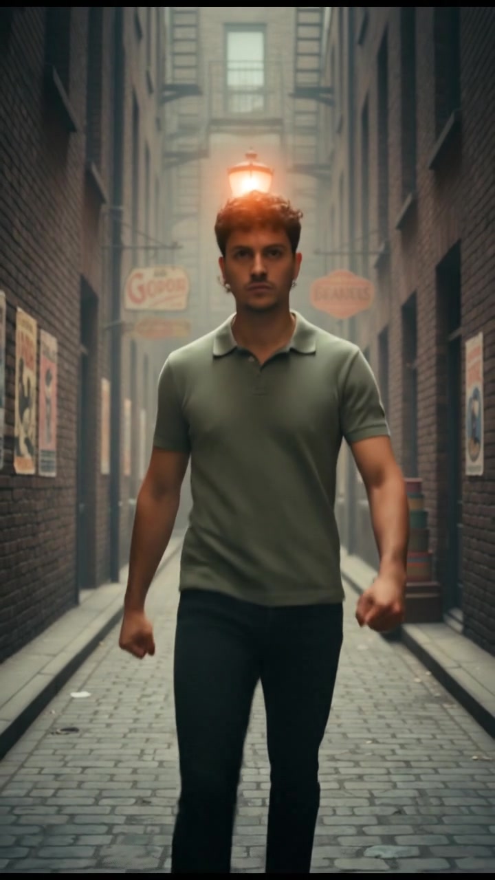 Mateo standing alone in a dim alley, his fists clenched and an expression of resolve on his face.