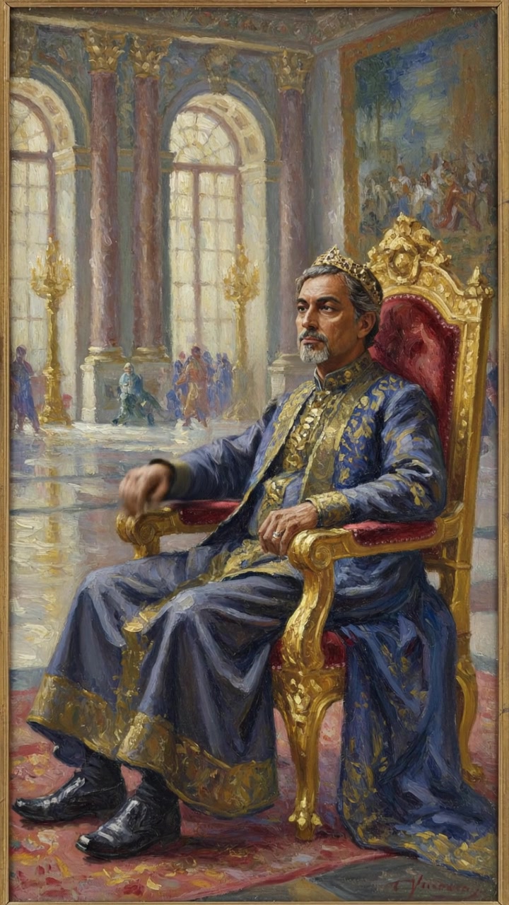 Raj sitting on his throne in a grand hall, with a thoughtful expression as he gazes ahead.