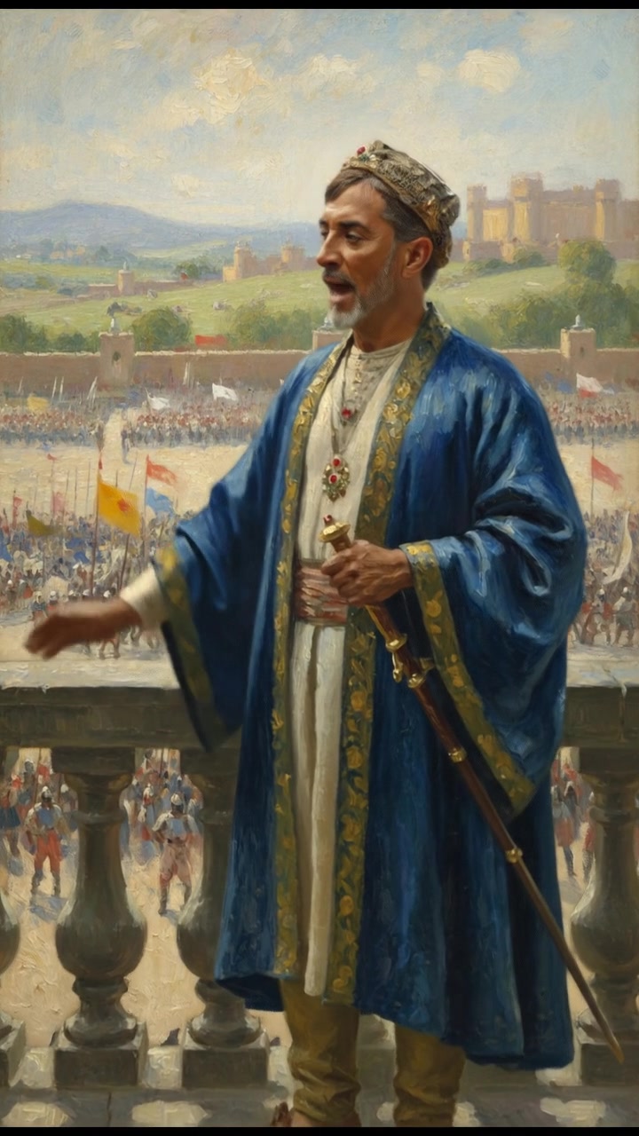 Raj, standing confidently on a balcony, surveying his large army gathered below.