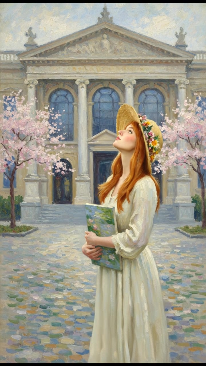 Emma, standing in front of a classic art gallery, holding a painting and looking contemplative.