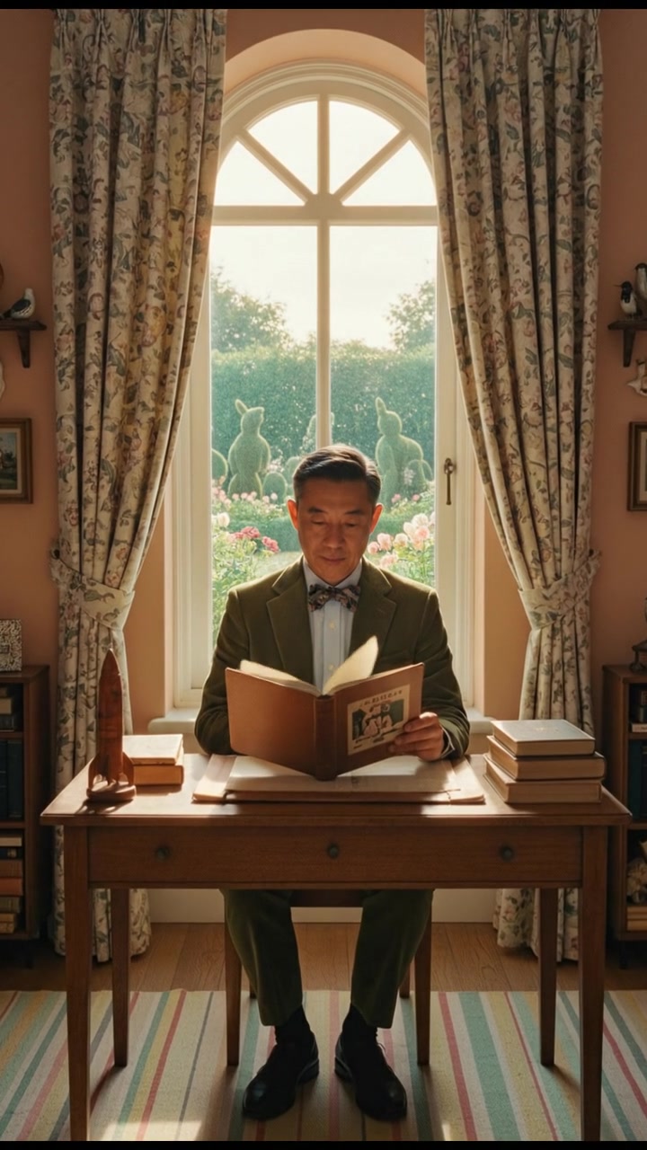 The Hiro sitting at a wooden desk, reading a book with an open window behind him, sunlight streaming in.
