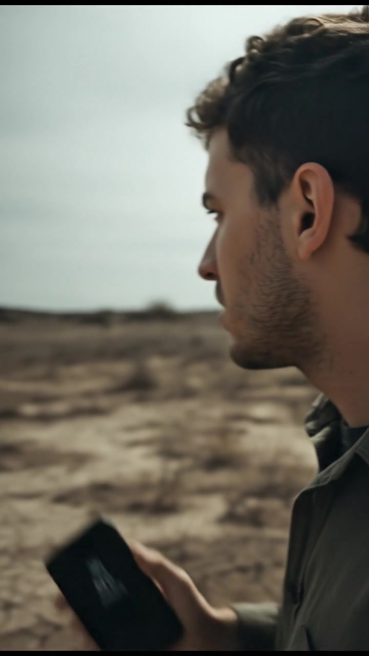 A close-up of Mateo holding his phone, looking frustrated as there is no signal displayed.