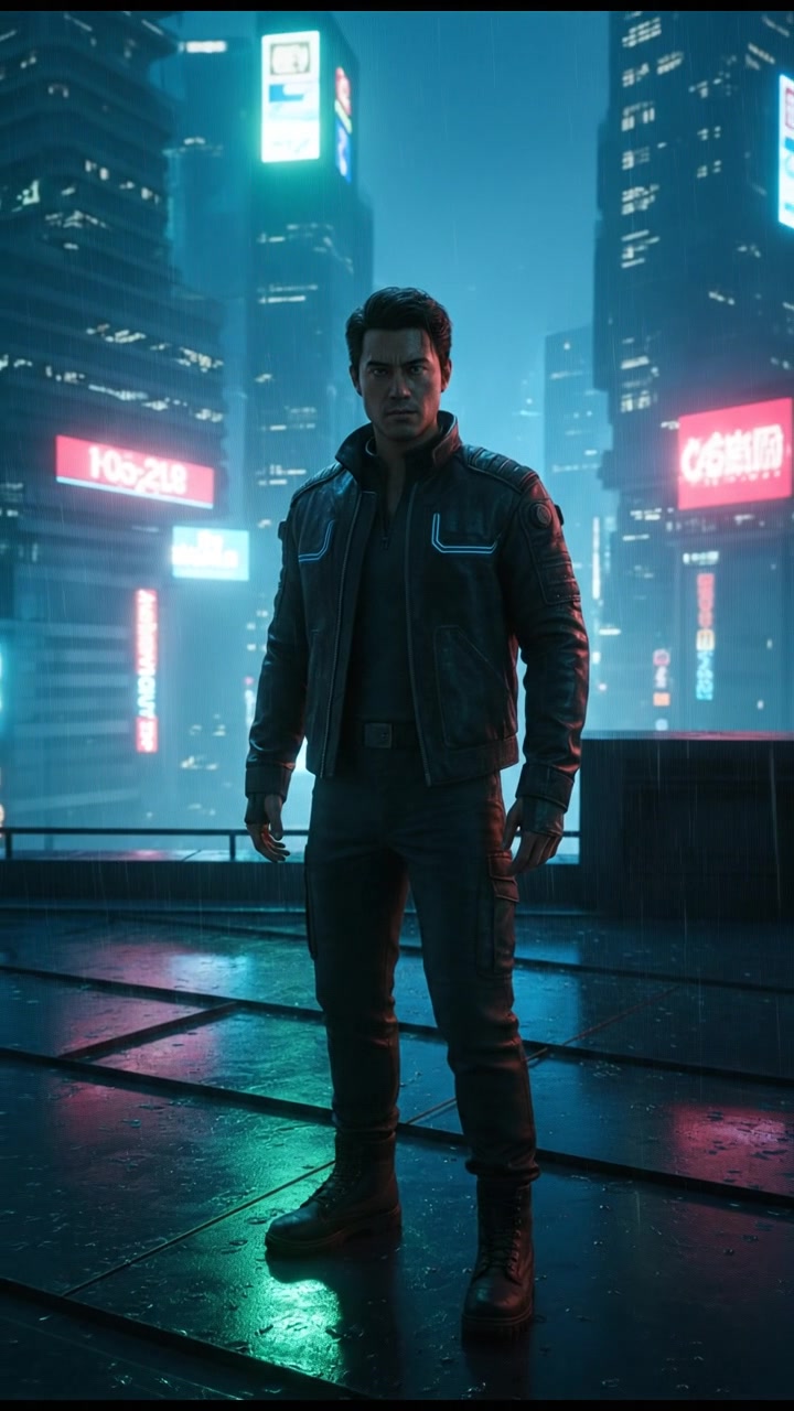 A close-up of Ken, looking determined, standing on a rooftop with city buildings in the background.