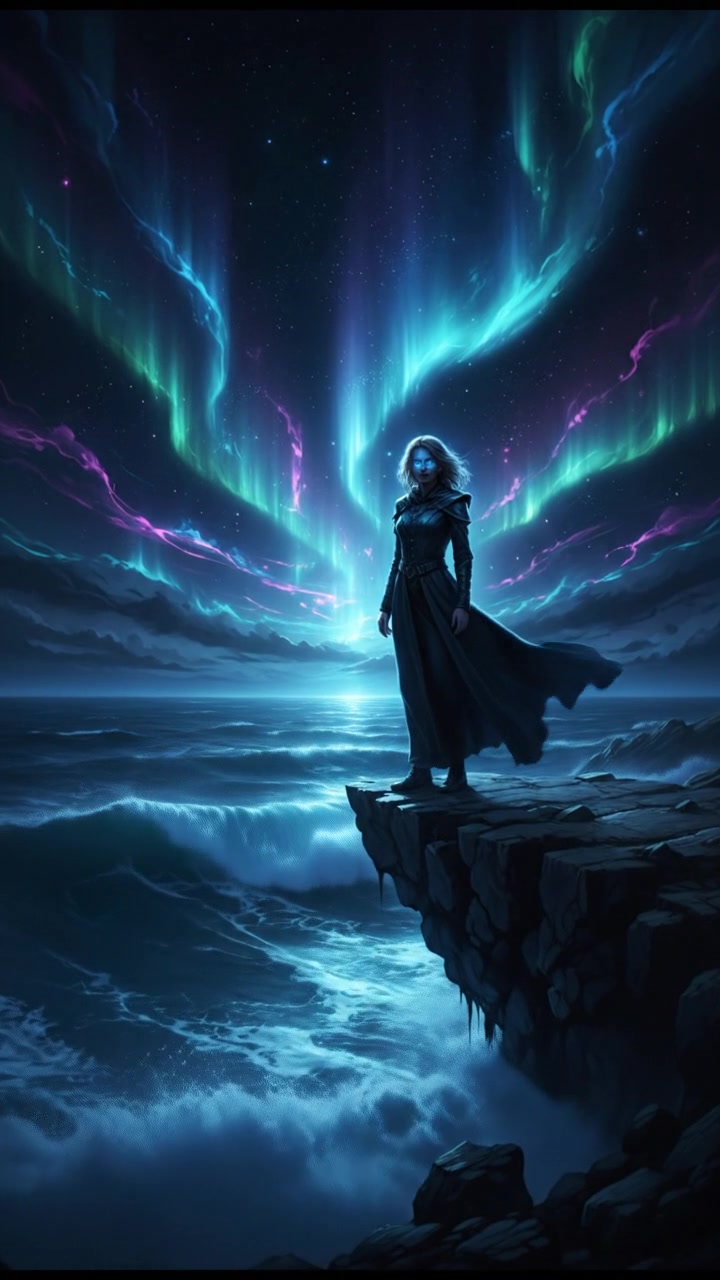 Ashley standing on a cliff's edge overlooking a starry sky, the ocean waves crashing below.