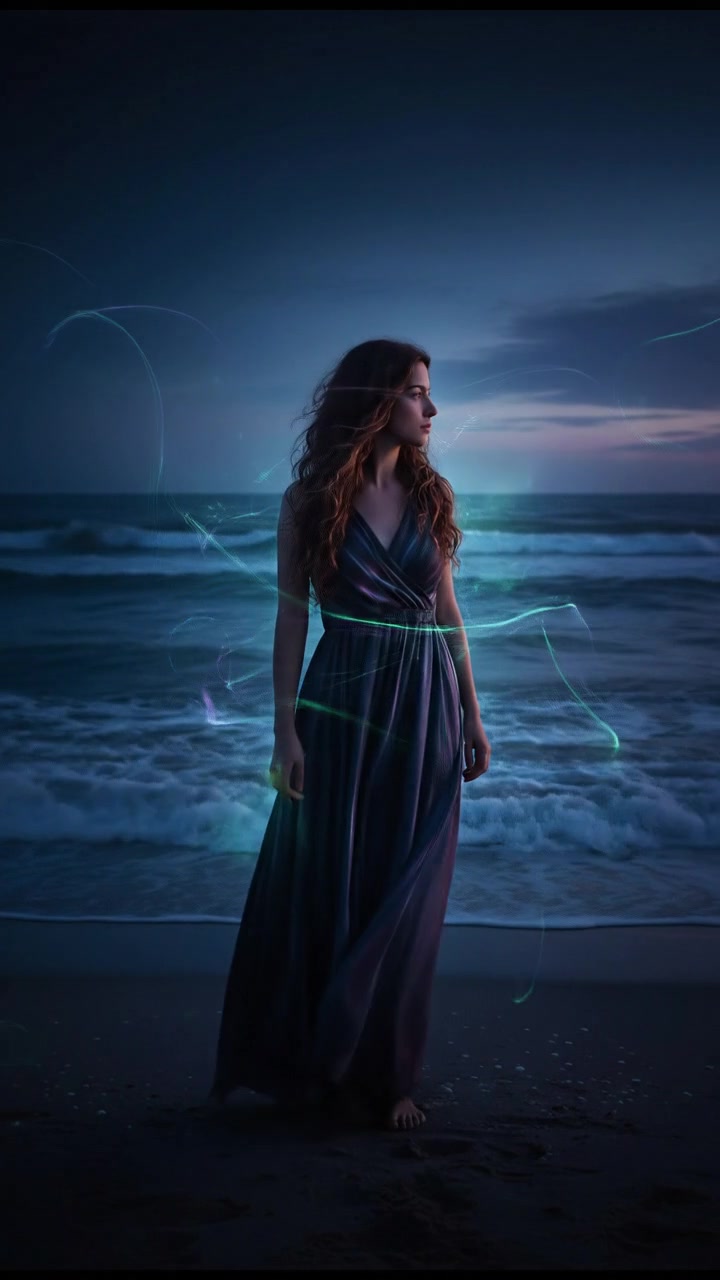 A young woman standing alone on a beach, looking out to sea with waves crashing.