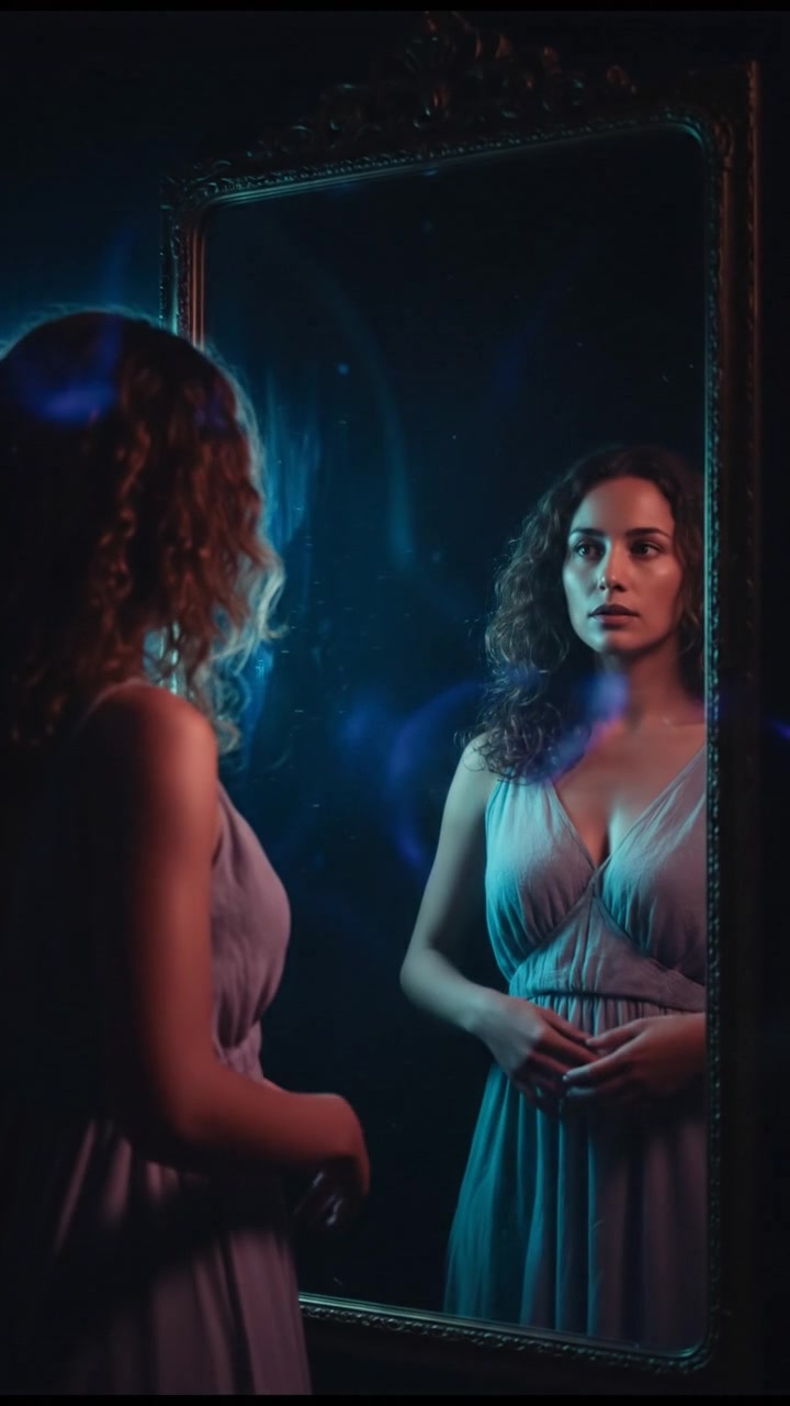 The Maya standing in front of the mirror, contemplating her reflection with a determined expression.
