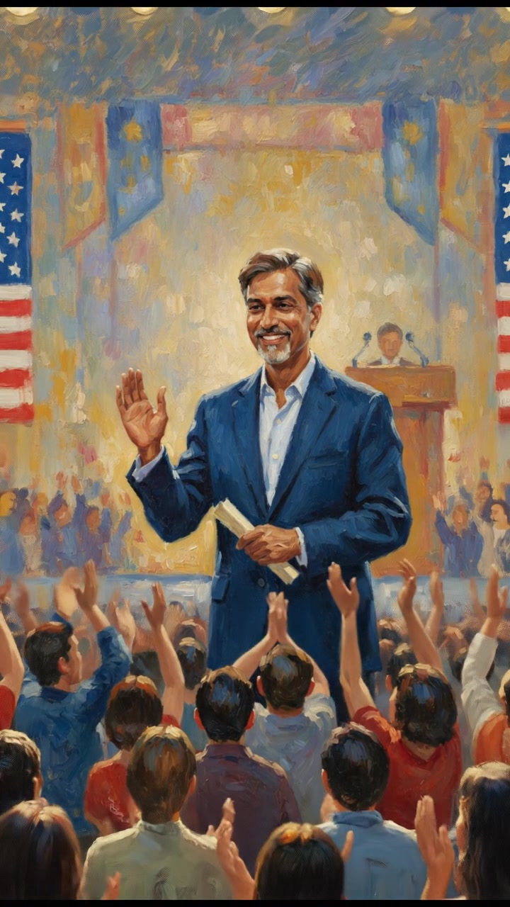 Raj stands on a stage, smiling and accepting applause from a crowd.