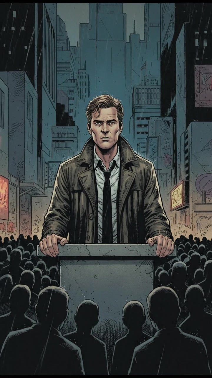 Mark speaking at a podium, with a serious expression, addressing a crowd.