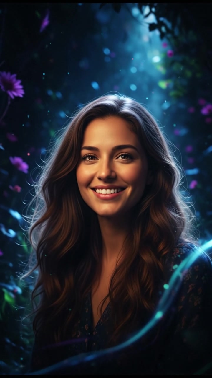 A portrait of Maya smiling warmly in a sunlit garden.