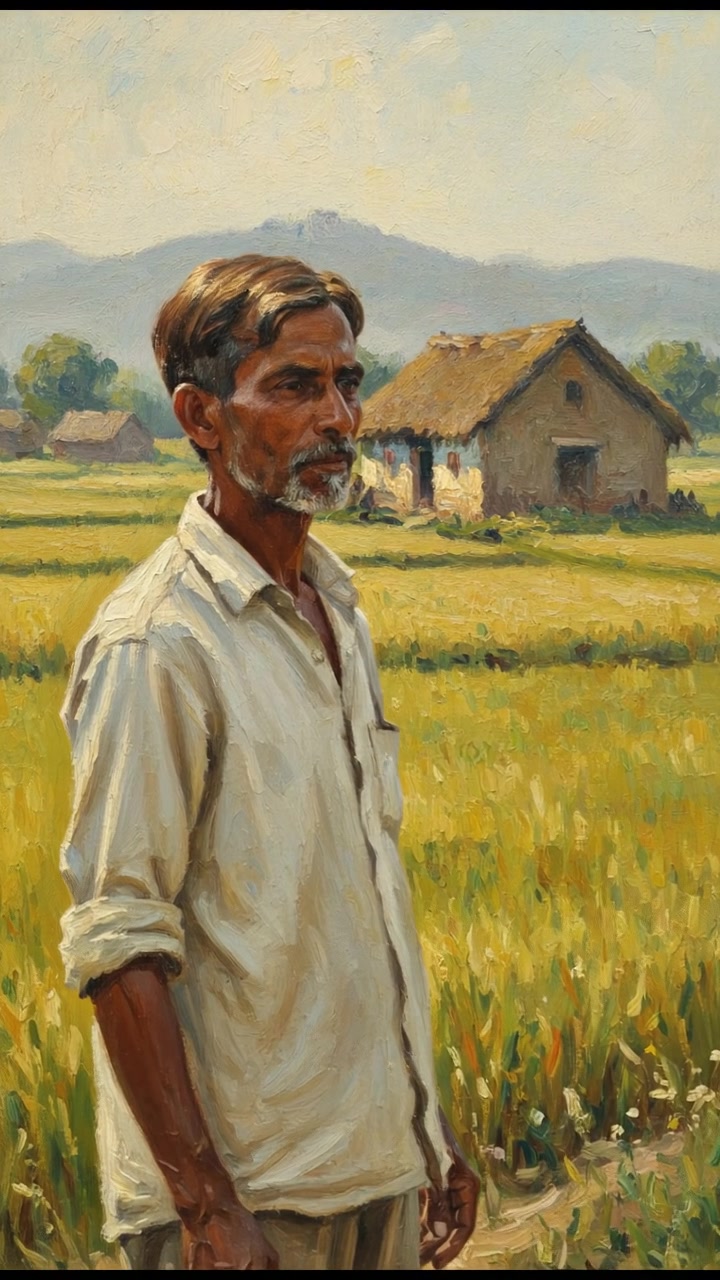 A rural village scene with a small, run-down house, fields of crops, and Raj standing in front, looking towards the horizon.