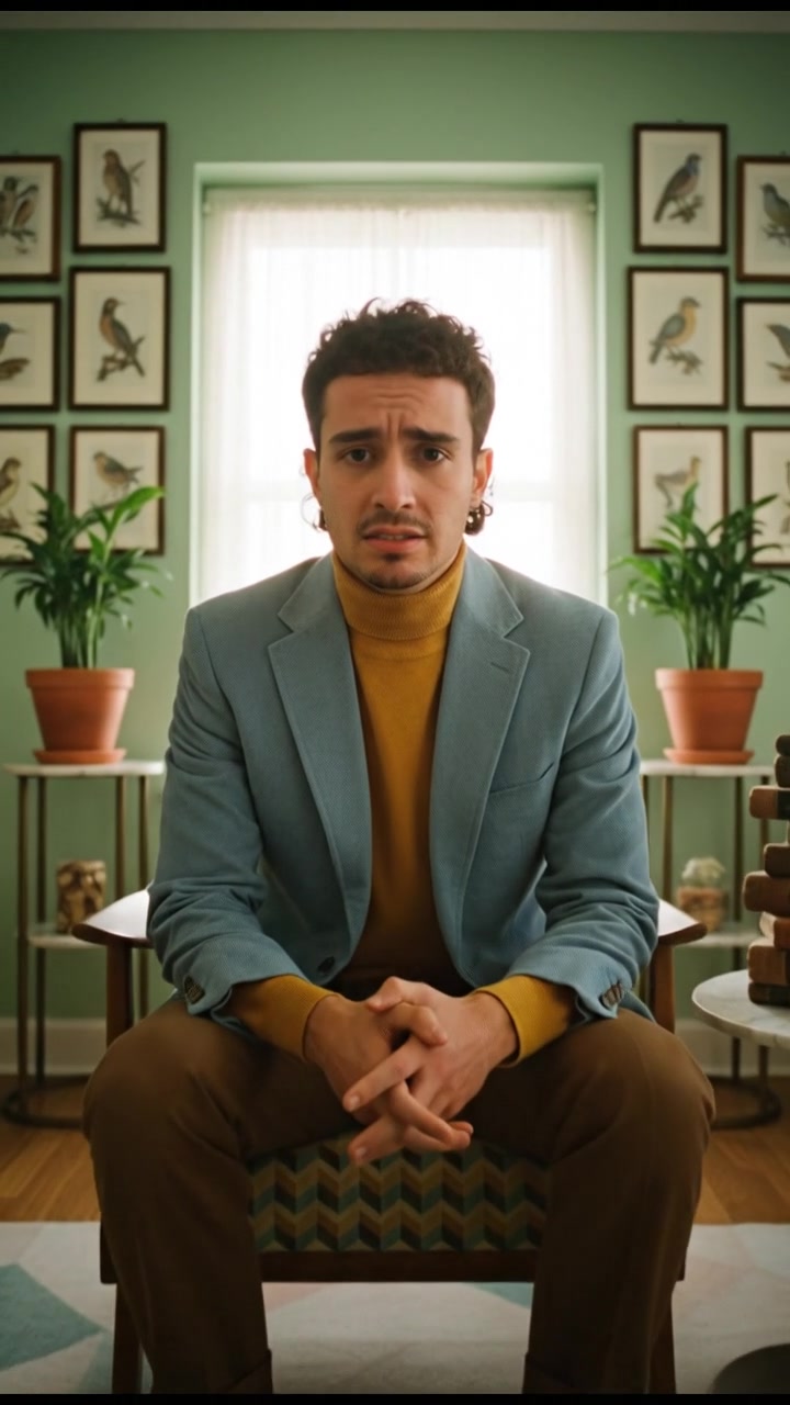 Mateo sitting on a chair with a concerned expression, speaking towards the camera.