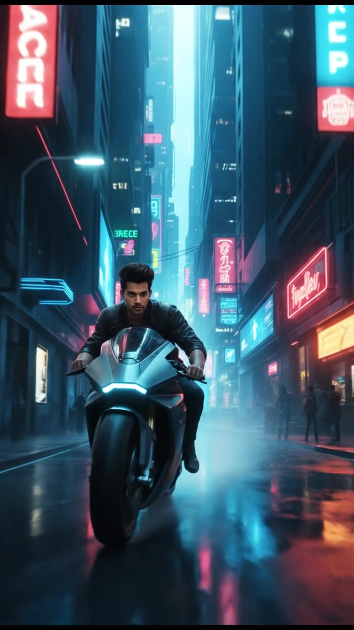 Arjun speeding through narrow alleys between futuristic buildings, lights reflecting off glass facades.