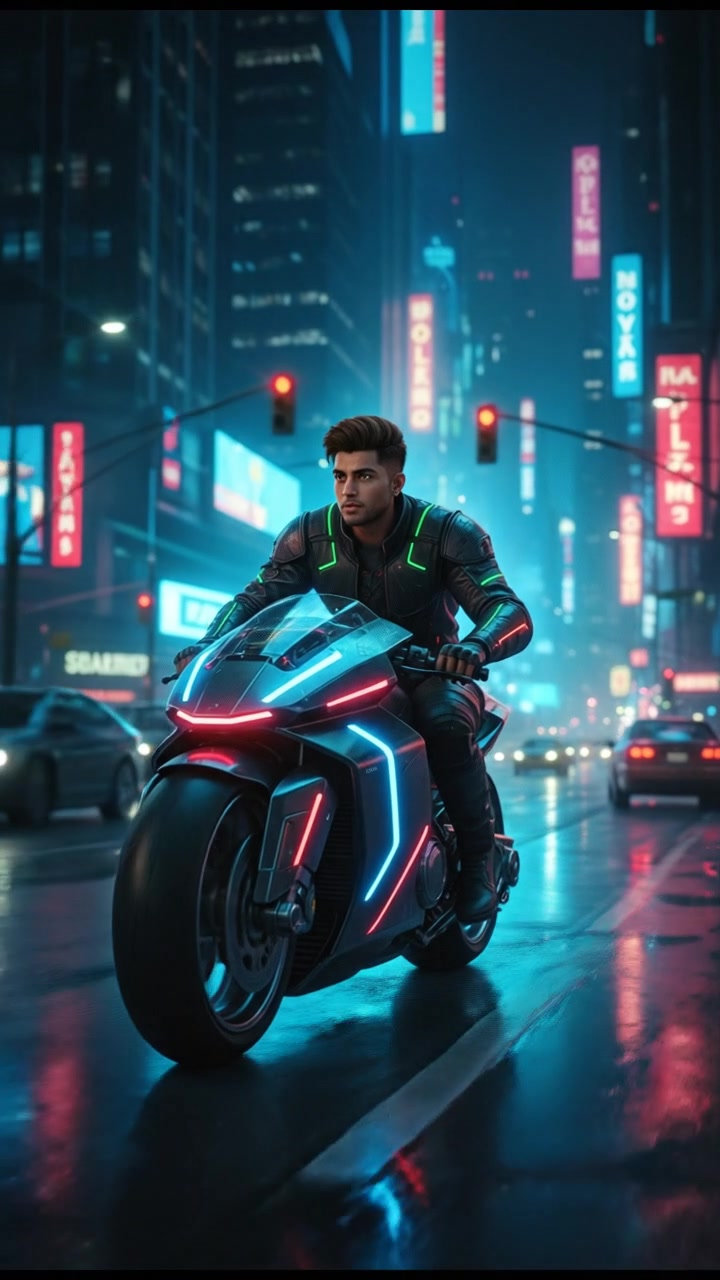 Arjun driving a sleek motorcycle, weaving through a bustling city street with blurred buildings around.