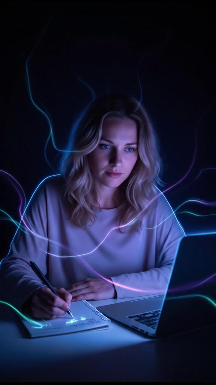 Ashley sitting at a desk, writing notes on a notepad with a laptop open in front of her.