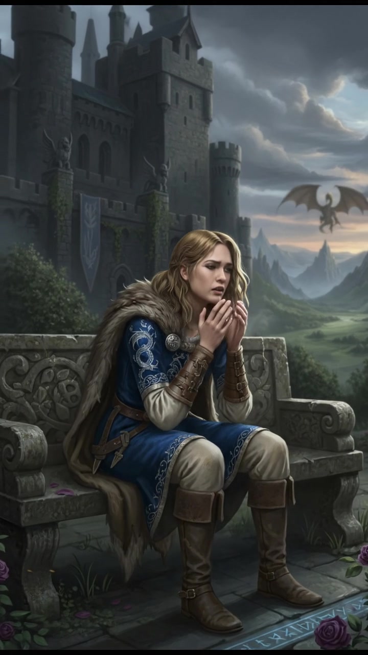 Ashley sitting on a park bench, frustrated, leaning forward with her head in her hands.