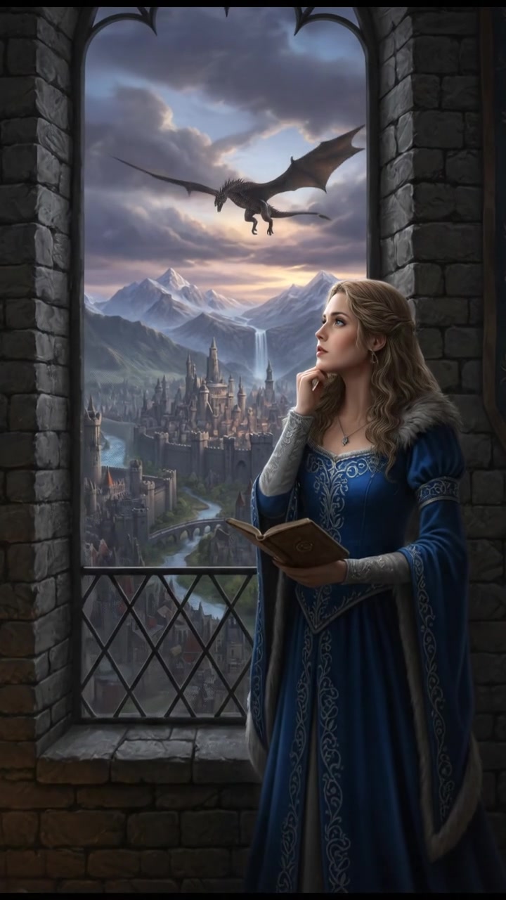 Ashley looking thoughtful while gazing out a window, the city skyline visible in the background.