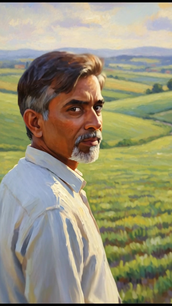 A hopeful Raj looking over green crops that are starting to grow, symbolizing optimism for the season.