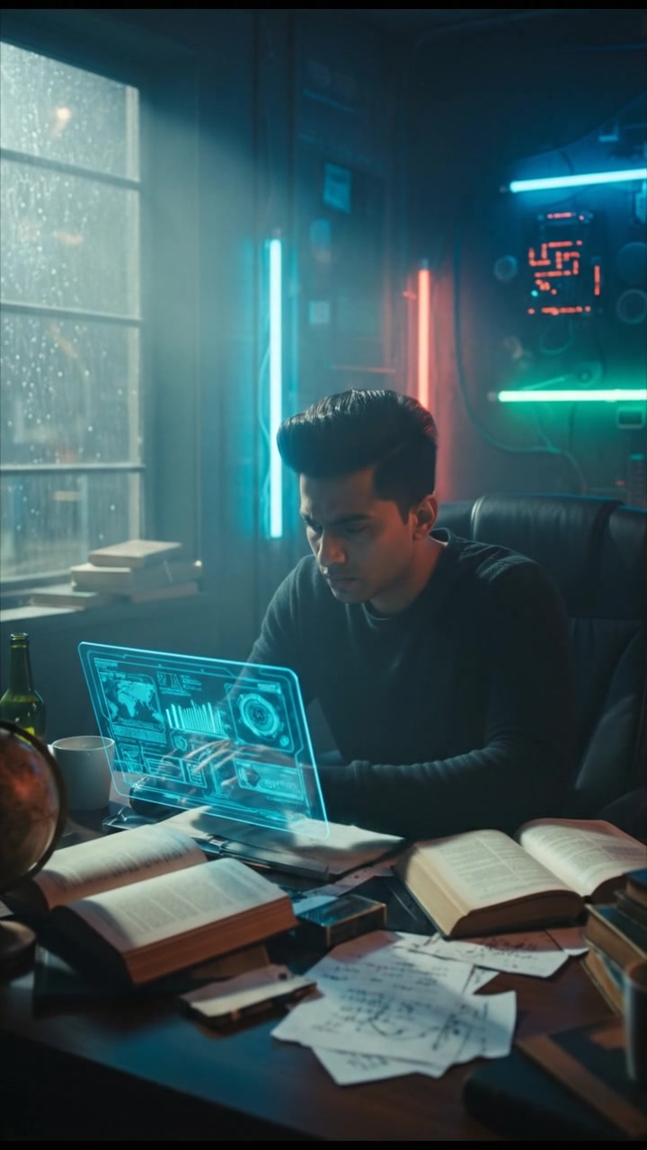 Arjun at his desk, surrounded by open books and scattered papers, with a focused expression.