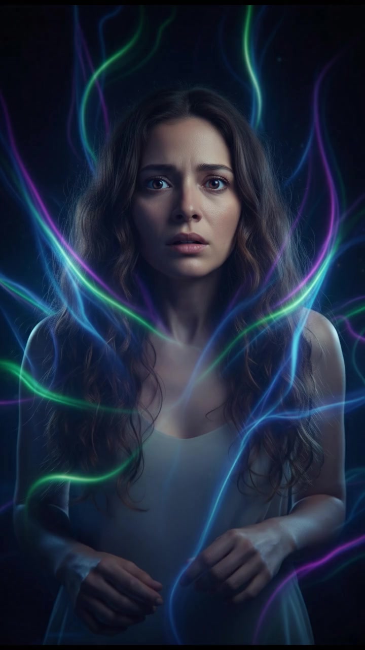 A close-up of Maya breathing fast, panic evident in her eyes.