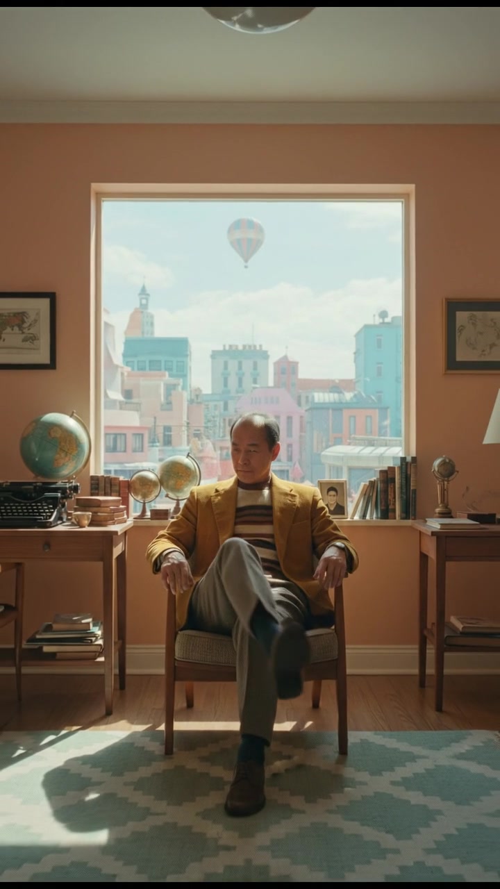 Hiro leaning back in his chair, gazing out the window as he remembers.