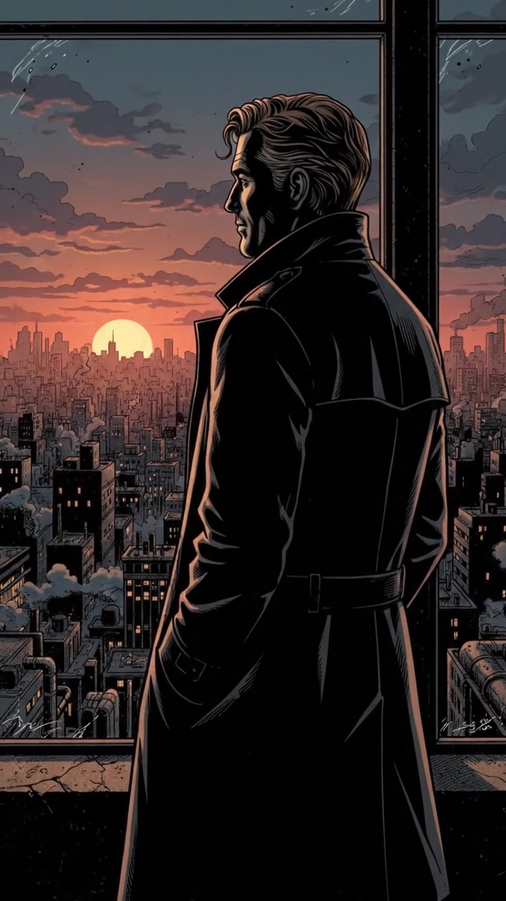 A silhouette of the Mark standing by the window, looking outside thoughtfully as the sun sets over the city.