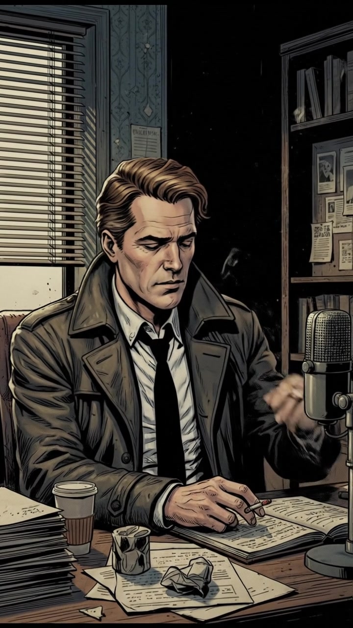 The Mark looking thoughtful, seated at a desk with papers and a microphone in front of him.