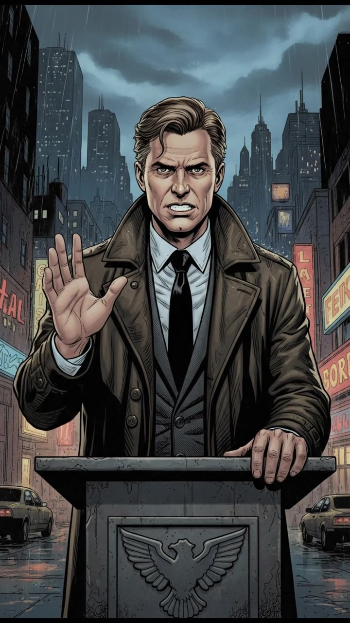 The Mark with a serious expression, gesturing with hands as he speaks at the podium.