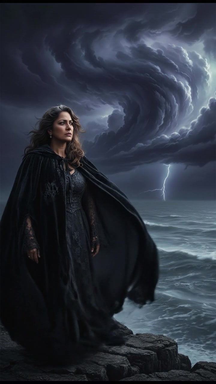 Asha standing on a cliff overlooking the ocean, with a dramatic storm brewing in the background.