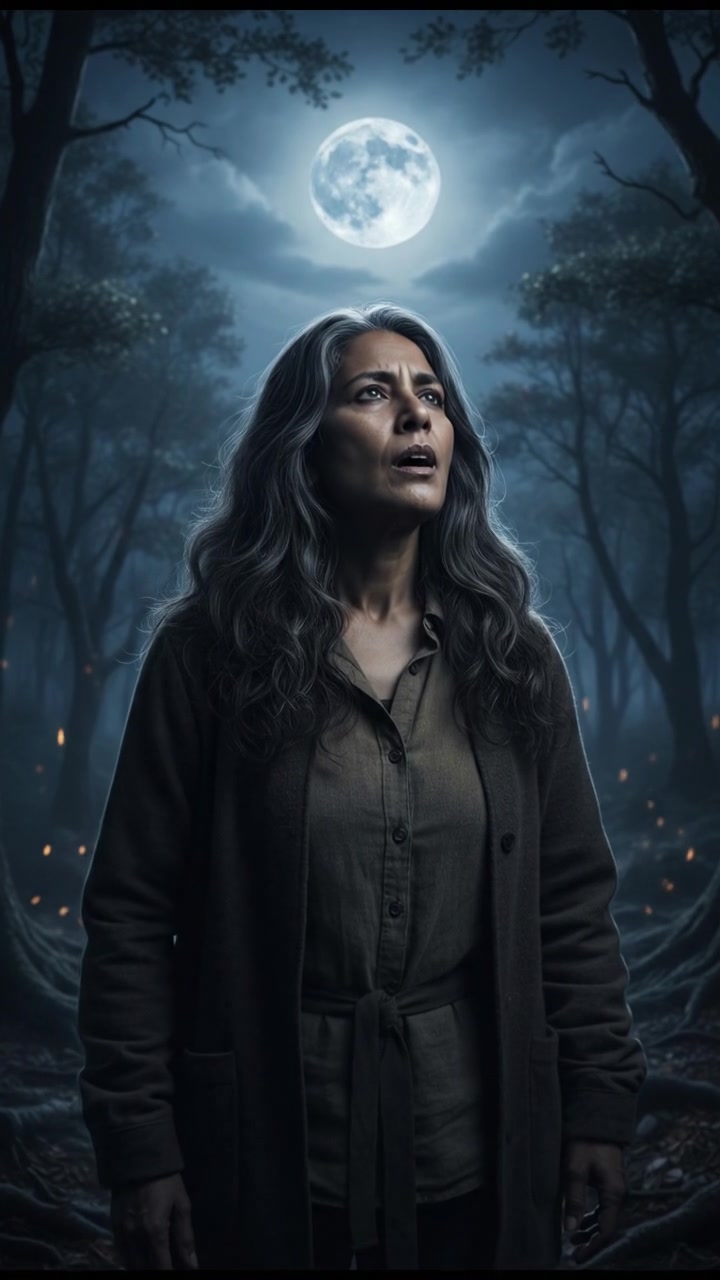 Asha standing outside under the moonlight, with a focused expression, sniffing the night air.