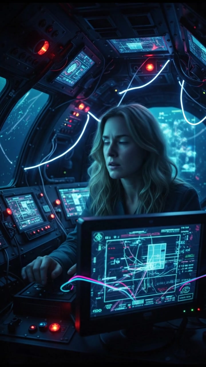 A sudden glitch scene inside the submersible, with alarms flashing as Dr. Ashley looks concerned.