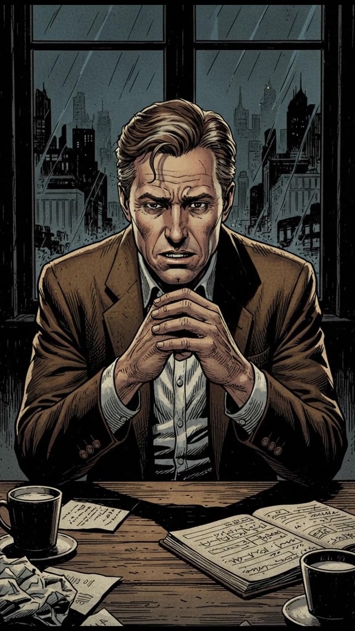 Mark leaning forward at the table, his hands clasped, looking anxious and concerned.