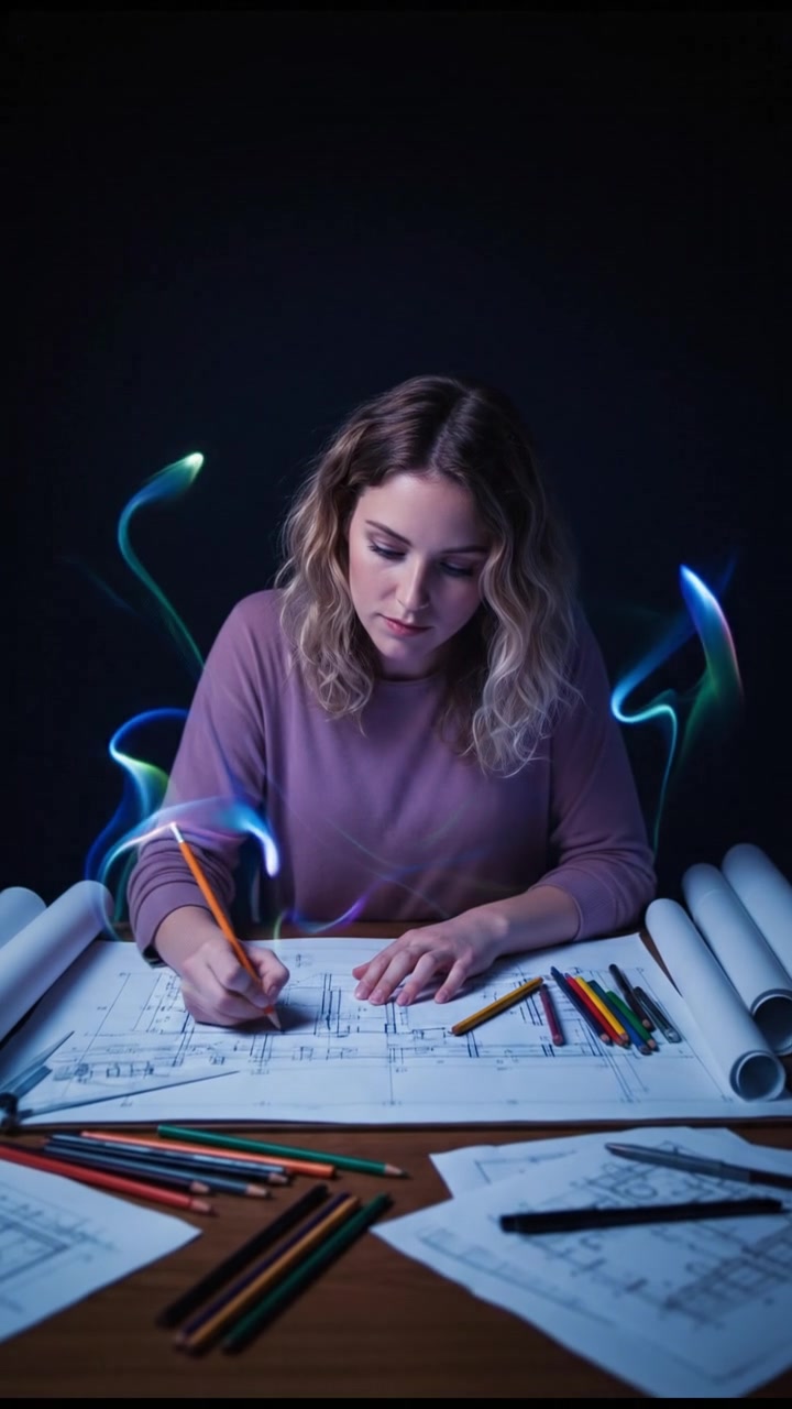 Ashley seated at a drafting table, sketching building plans with pencils and papers around her.