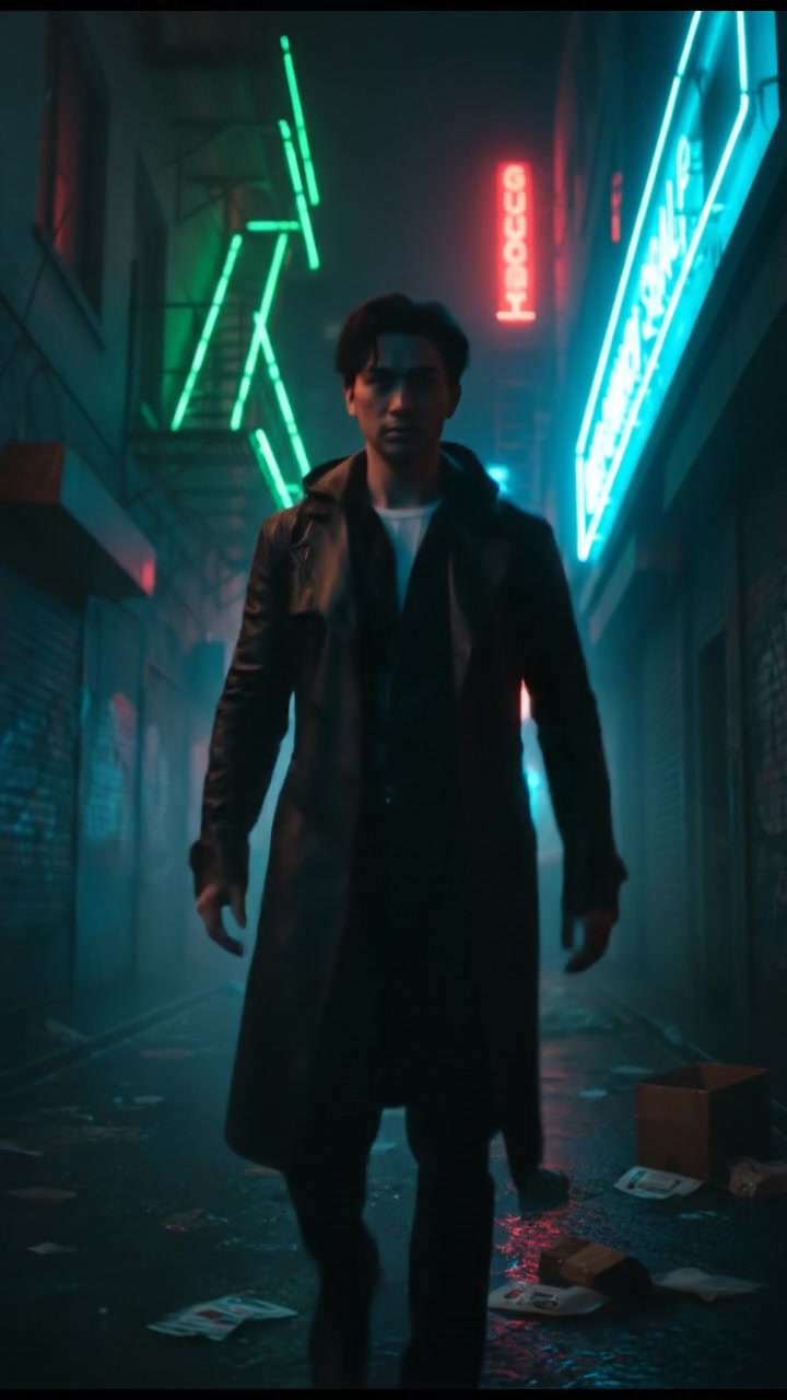 A dark alley at night, with a shadowy figure, the Ken, emerging from the darkness.