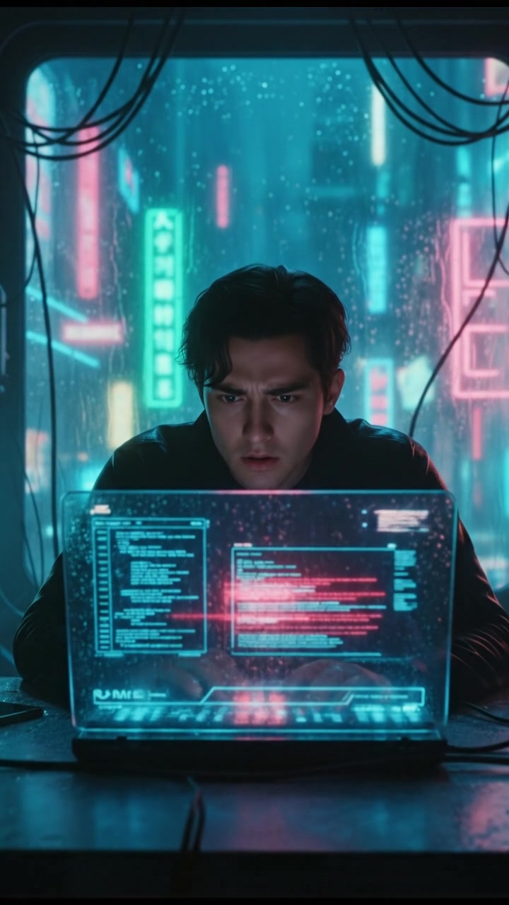 Ken sitting at a desk, looking worriedly at his laptop screen.