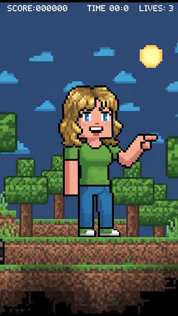 Ashley, smiling, gestures playfully at the Minecraft world, with a few blocks and trees around.