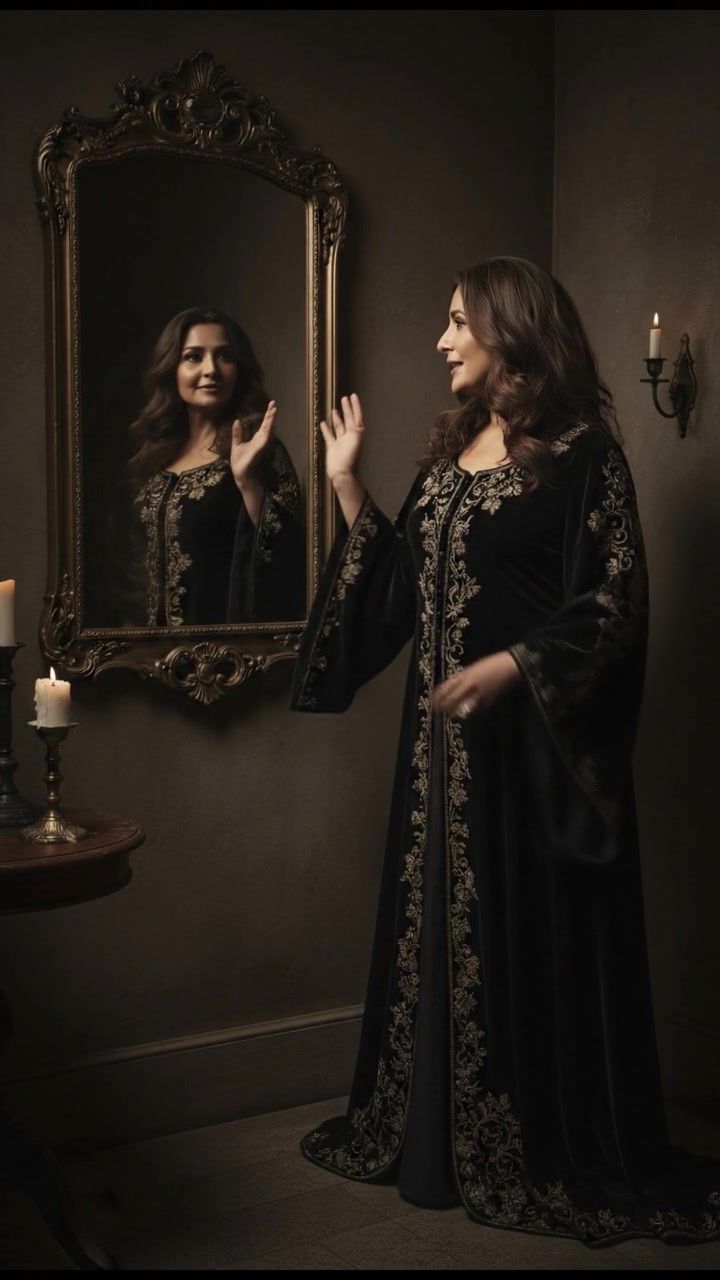 The Asha standing beside the mirror with a knowing expression, gesturing towards it.