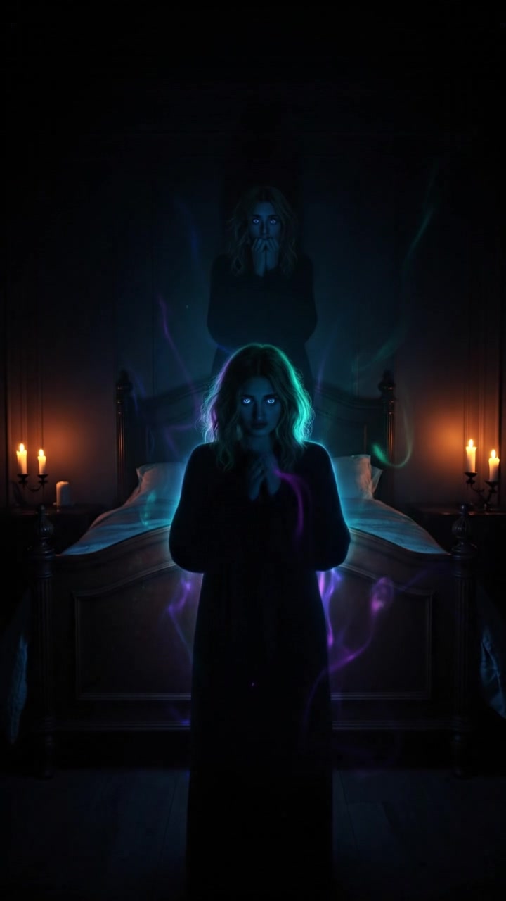 A shadowy figure at the foot of a bed in a darkened bedroom, with Ashley's terrified silhouette in the background.