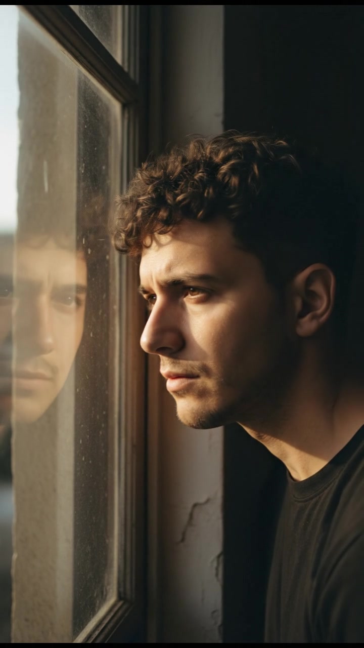 Mateo looking thoughtfully out of a window, sunlight casting reflections on his face.