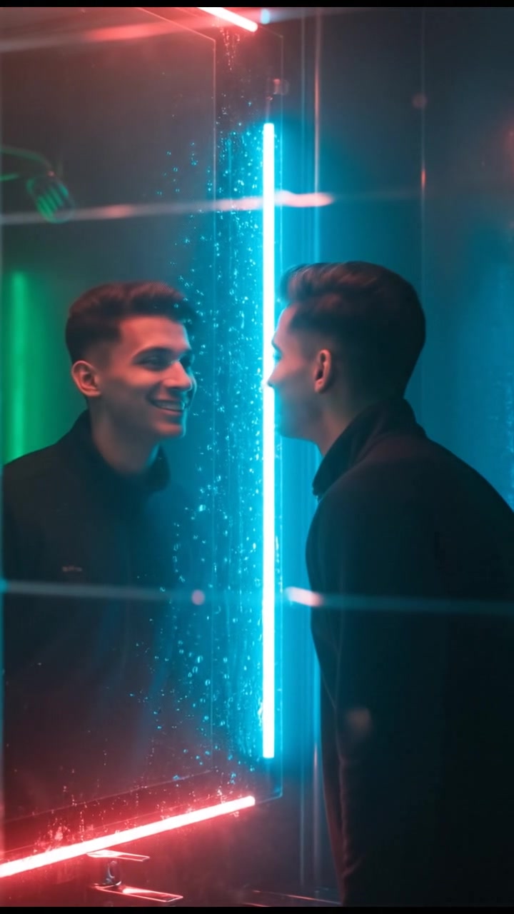 Arjun, standing in front of a large mirror in a bright bathroom, admires his appearance.