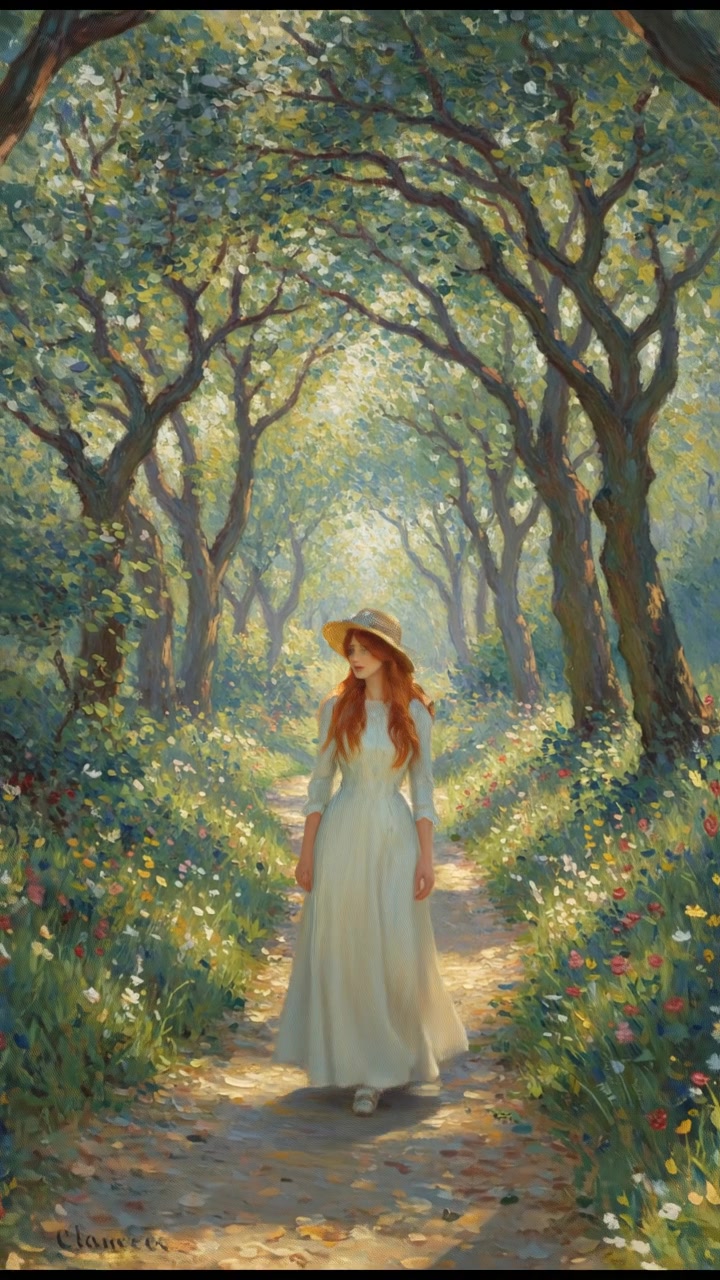 A view of Clara walking along the hidden path with trees towering above her.