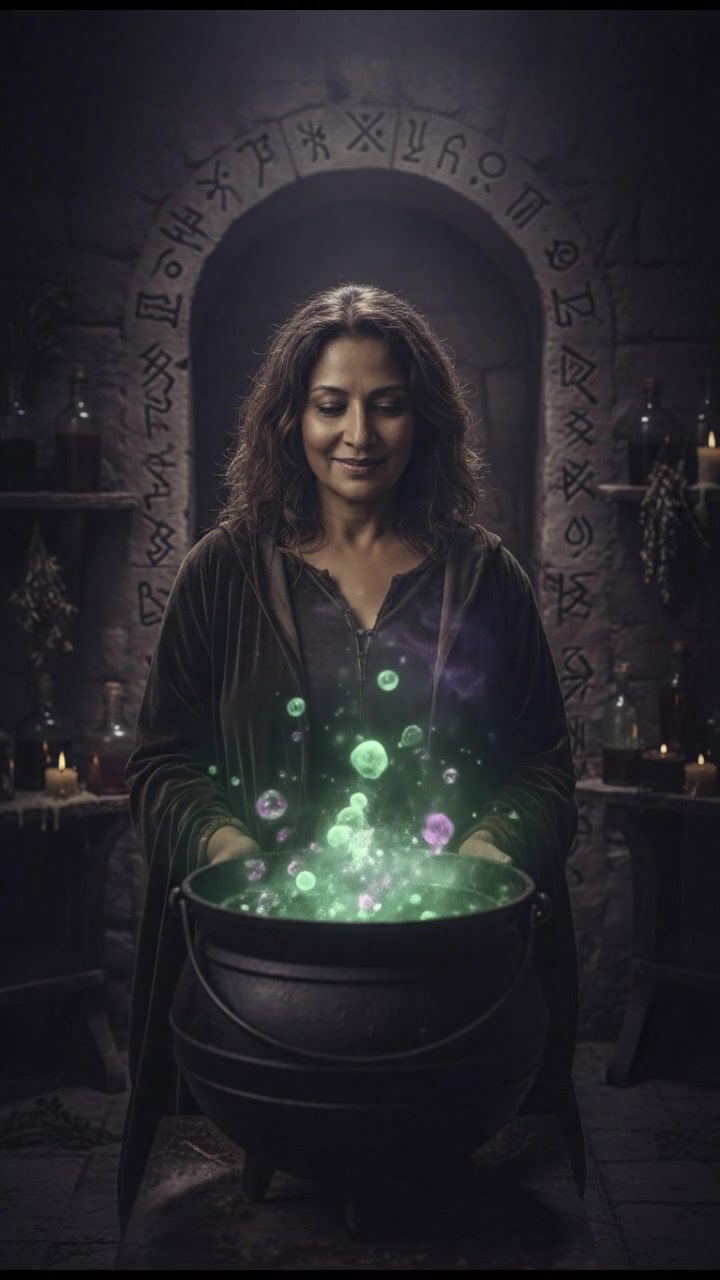 Asha stands in a dimly lit room, smiling slightly, with a bubbling cauldron in front of her.