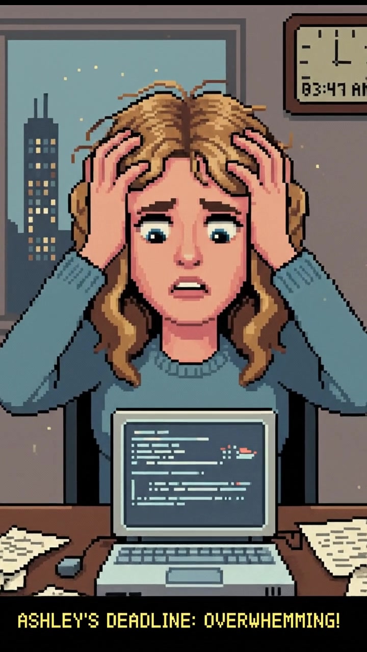 Ashley with a concerned face, sitting at her desk with papers and a laptop, looking overwhelmed.