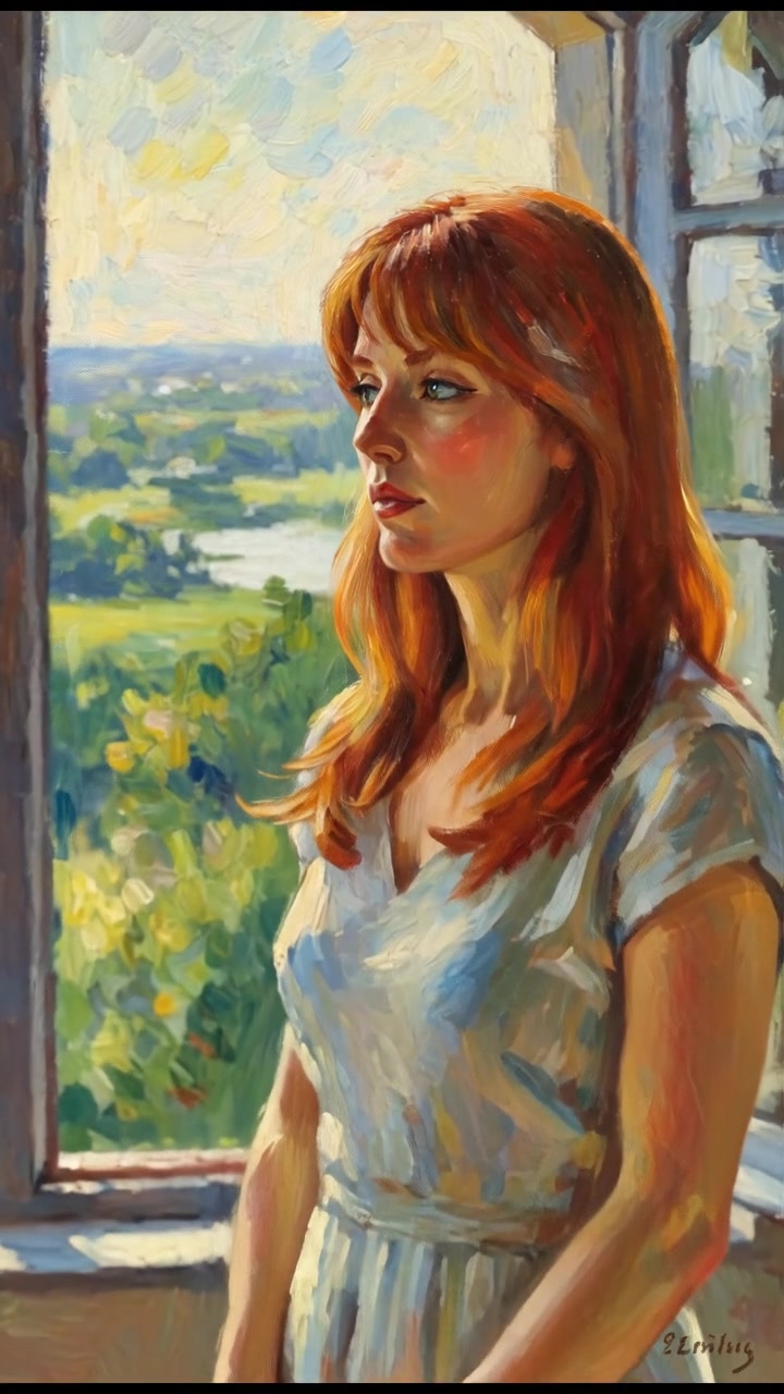 A determined Emma standing in front of a window, gazing outside with a thoughtful expression.