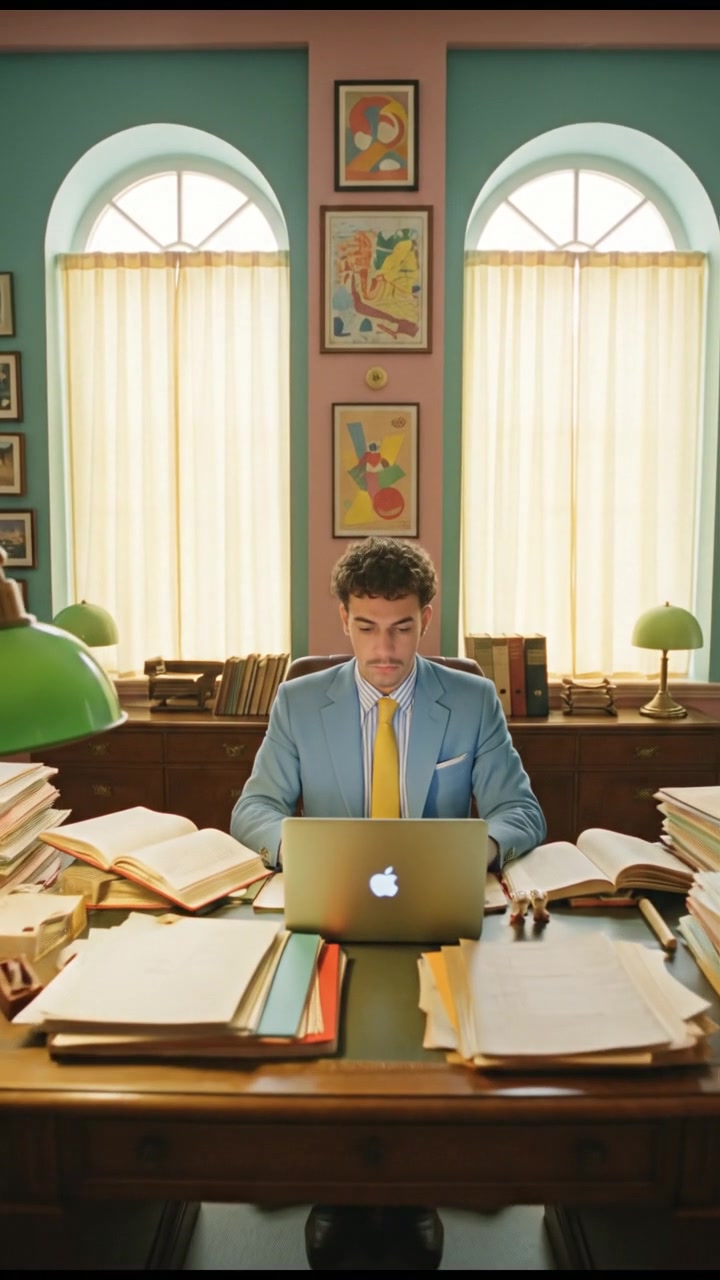 Mateo sitting at a large desk in an office, surrounded by papers and a laptop, working diligently.