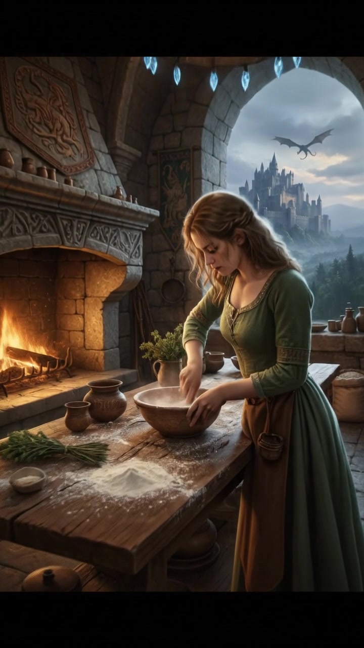 A kitchen with flour dusting the counter, Ashley mixing ingredients in a large bowl.