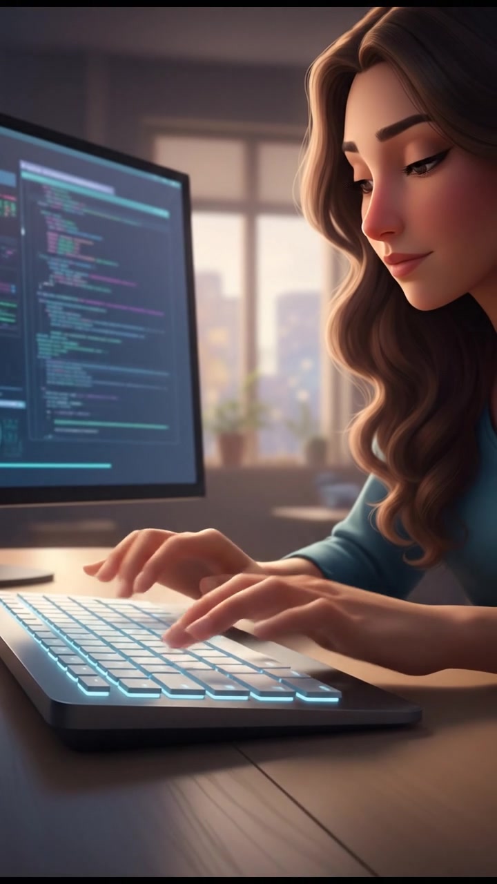 A close-up of the Maya's hands as she types on a keyboard, focused on her work.