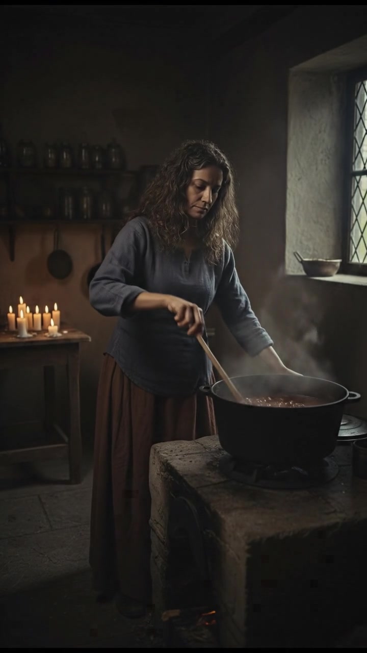 Asha stirring a pot of stew on the stove, with fragrant steam rising.