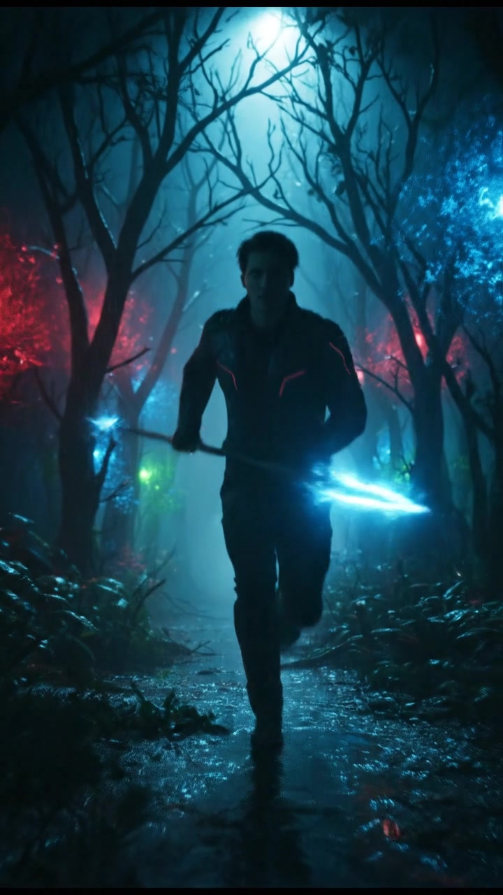 Ken, holding a spear, runs through a forest with trees surrounding him.