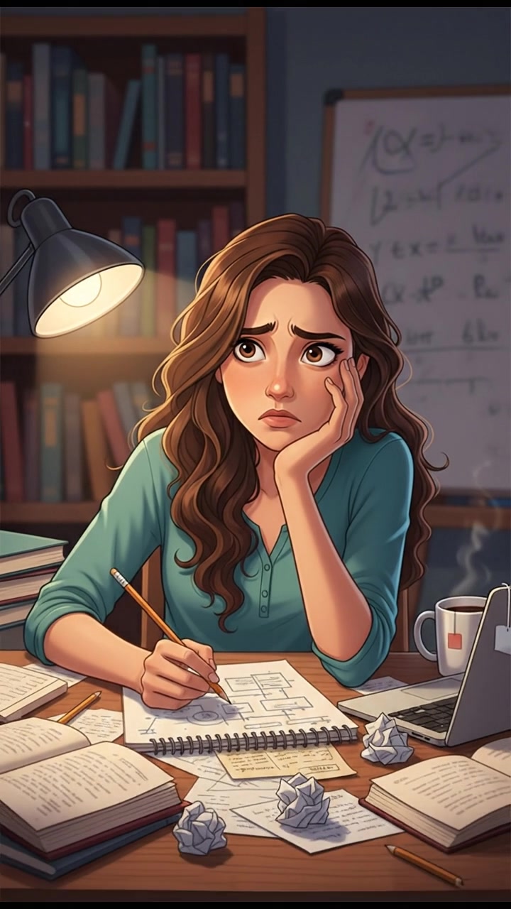 Maya sitting at a desk, looking confused while holding a pencil, notes spread around her.